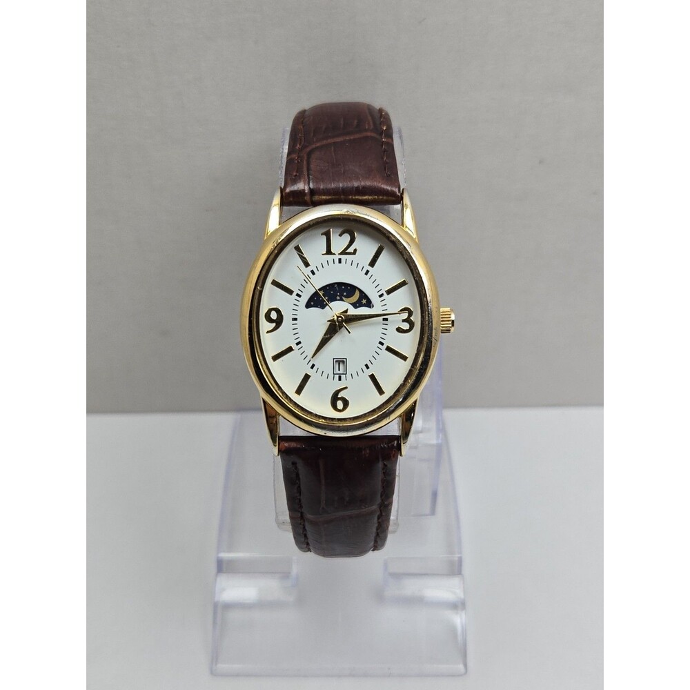 Womens Vintage Avon Moon Phase Date Womens Gold Tone Leather Watch New Battery